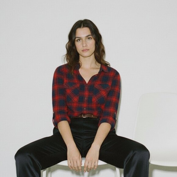Plaid Button-Down Shirt Red Blue Check XS - Picture 1 of 4